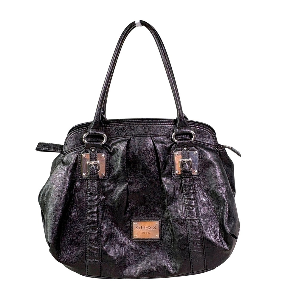 Vtg Guess Shoulder Bag Hobo Large Black Faux Leather Metal Guess Tote READ